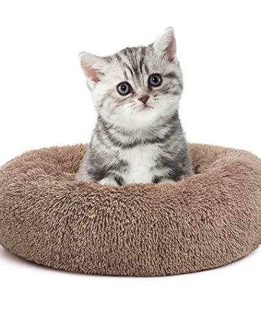 MIXJOY Calming Cat Beds for Indoor Cats, 20'' Kitten Donut Beds for Pet Up to 15lbs, Fluffy Small Cat Cuddler, Anti-Anxiety Plush Faux Fur Large Pet Bed Washable (20'', Brown)