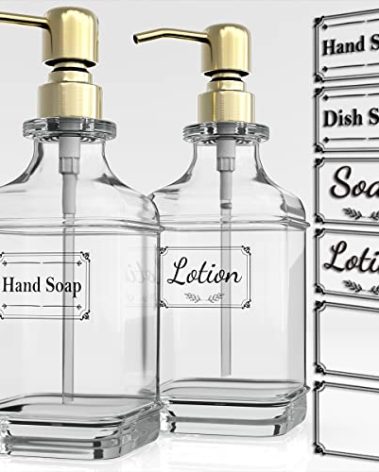 GLADPURE Soap Dispenser - 2 Pack, 18 Oz Antique Design Thick Glass Hand Soap Dispensers; with 304 Rust Proof Stainless Steel Pump, 6Pcs Clear Stickers, for Kitchen, Bathroom - Gold