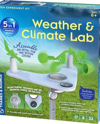 Thames & Kosmos Weather & Climate Lab STEM Experiment Kit, 5-in-1 Weather & Meteorology Station w/Wind Vane, Compass, Rain Gauge, Anemometer & Thermometer for Ages 6+, Includes Stake for Outdoor Use