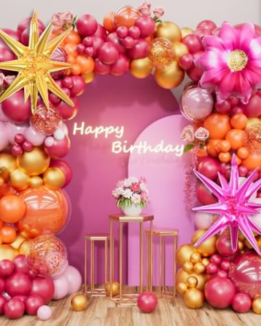 154Pcs Pink and Orange Balloon Arch Kit with Flower Foil & 2 Starburst Balloons for Bachelorette Party, Birthday, Wedding, Baby Shower – Pink and Orange Theme Party Decorations