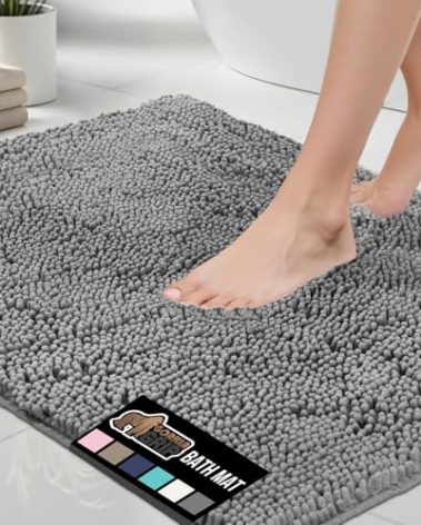 GORILLA GRIP Bath Rug Mat, Thick Soft Absorbent Chenille, Quick Dry Microfiber Mats, Rubber Backing Washable Shower Floor Rugs, Bathmat Runner, US Designed Bathroom Home Decor Accessories 24x17, Grey
