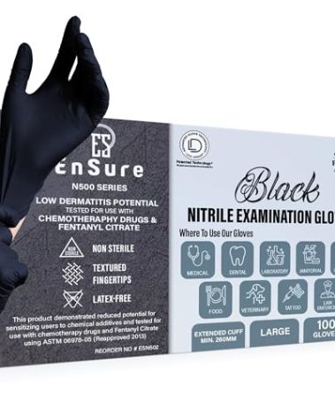 Saf-Care EnSure Nitrile Exam Gloves, Powder-Free, Latex-Free, Chemo Rated, Non-Sterile, Textured Fingertips, Heavy Duty, Medical, Surgical, Food Safe, Tattoo, Cleaning - Black, 5 Mil (100, Medium)