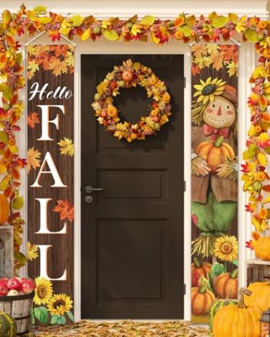 OTTPOOM Fall Harvest Scarecrow Porch Banner Sign - Autumn Thanksgiving Front Door Decorations, 12 x 71 Inch