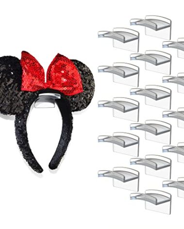 Modern JP Adhesive Hooks for Disney Ears (16-Pack) - Minimalist Disney Ear Holder, No Drilling Headband Holder Design, Strong Hold Headband Organizer - USA Patented, Clear
