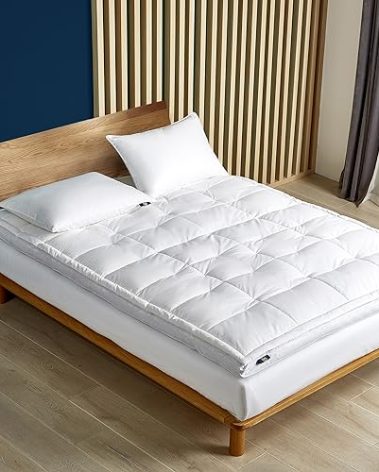 Serta Feather and Down Fiber Pillow Top Mattress Topper Full Size - 233 Thread Count 100% Cotton Mattress Pad Ultra Soft 2-Inch Support Feather Bed-White