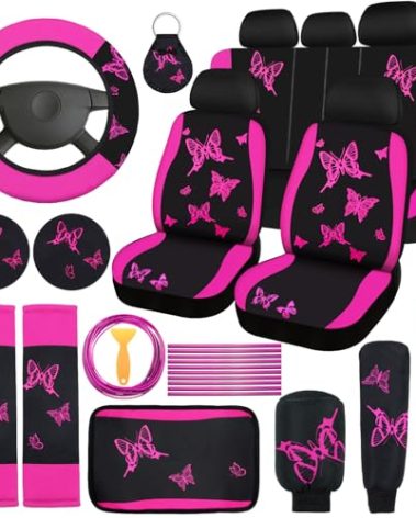 BBTO 43 Pcs Butterfly Car Seat Full Set Butterfly Car Accessories for Women 5 Front Rear Seat Covers Wrist Strap 2 Pcs Cup Mat Armrest Pad 2 Belt Cover Accessories for SUV (Rose, Black)