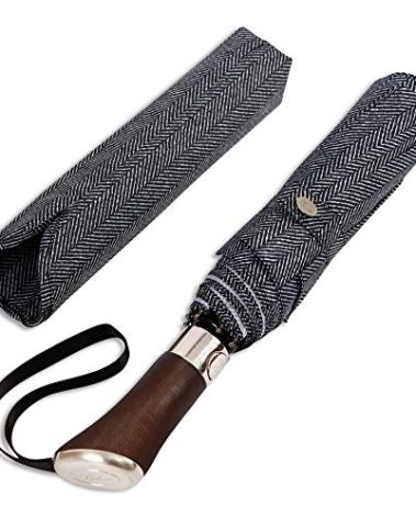 Balios (Designed in UK) Travel Umbrella Luxurious Golden Hardwood Handle Auto Open & Close Windproof Frame Single Canopy Automatic Folding Umbrella Men's & Ladies (Herringbone)