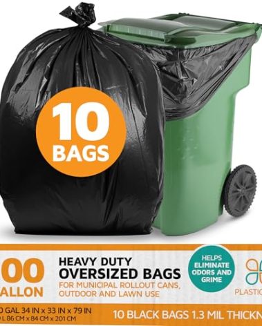 PlasticMill 100 Gallon Garbage Bags: Black, 1.3 Mil, 67x79, 10 Bags.