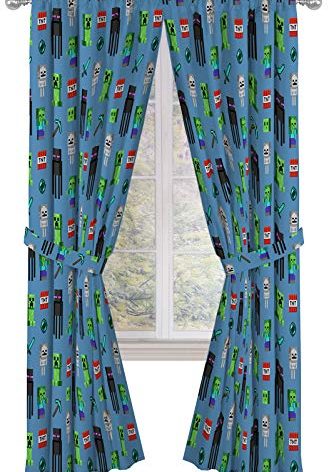 Jay Franco Kids Window Drapes - 4 Piece Curtain Set Includes 2 Tiebacks, Beautiful Bedding Room Décor and Easy Set Up, Blue - Minecraft, 84 Inch