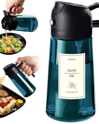 TrendPlain 16oz/470ml Blue Glass Olive Oil Sprayer for Cooking - 2 in 1 Olive Oil Dispenser for Kitchen Gadgets, Air Fryer, Salad, and BBQ - Black