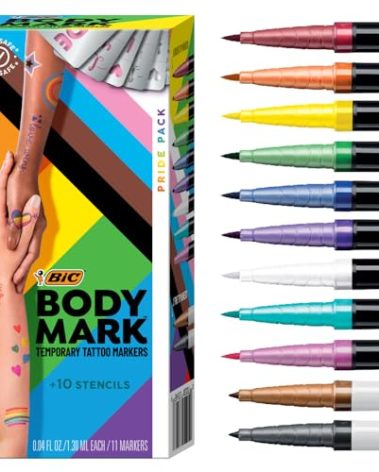 BODYMARK BIC Temporary Tattoo Markers for Skin, Pride Pack, Flexible Brush Tip, 11-Count Pack of Assorted Colors, Skin-Safe, Cosmetic Quality, Unique Gifts