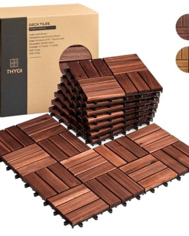 THYOI Set 10 Premium Deck Tiles, Interlocking Deck Tile, Wooden Patio Flooring Outdoor Waterproof, Acacia Wood Decking All Weather for Balcony Indoor and Outdoor Use (Dark Brown, Round Joints)