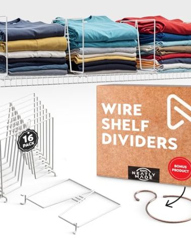 Neatly Made Tall White Wire Shelf Dividers for Closet Organization – Sturdy and Easy Set-Up Closet Shelf Dividers with Bonus Rose Gold Hanger (12 inch Wire Shelves, 16-Pack)