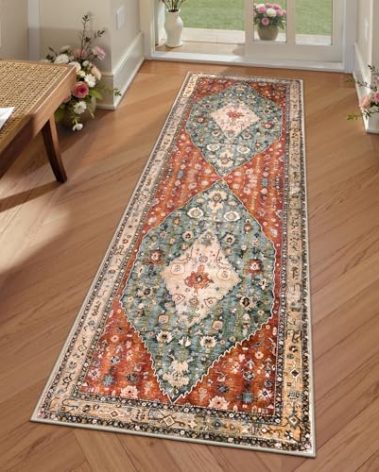 Lahome Boho Tribal 2x5 Kitchen Runner Rugs Non Skid Washable, Soft Runners for Hallways, Oriental Long Bathroom Floor Throw Carpet Runner for Entryway Laundry Room Bedroom (Rust/Dull Teal,2x5ft)
