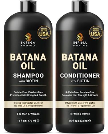 INFINA ESSENTIALS Batana Oil Shampoo and Conditioner Set - Biotin & Tea Tree Oil for Hair Growth & Thickness - Moisturizing & Nourishing Shampoo for Thinning Hair for Men & Women - 16 fl oz Each