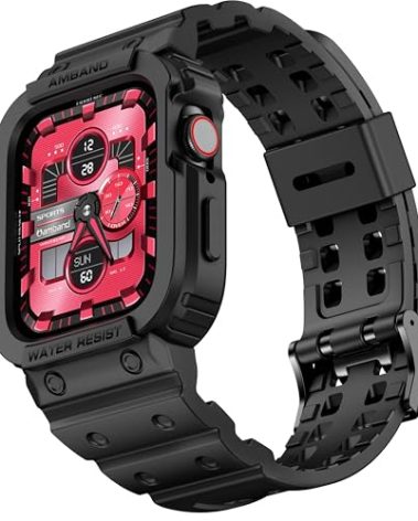amBand Compatible with Apple Watch Series 9/8/7/SE (2nd)/SE/6/5/4/3 Band for Men 45mm 44mm 42mm Case, Rugged Sport Strap for iWatch 45/44 mm Military Protective Cover Bumper Drop-Proof, Matte Black