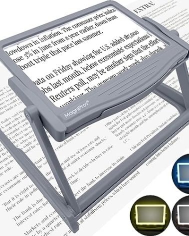 MAGNIPROS Patented 5X Large LED Page Magnifier with Detachable Stand | Eye Caring 3 Color Light Modes & Anti-Glare Lens to Reduce Eye Strain-Ideal for Reading Fine Print, Crafting, Low Vision Seniors