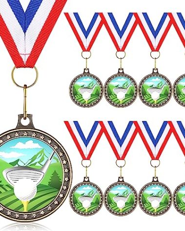 Inbagi 8 Pieces Golf Color Medal 2 Inches Golf Ball Medal Gold Award with Red White Blue Neck Ribbon for Adults Tournament