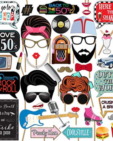 50s Photo Booth Props - 41-pc Photo Booth Kit with 8 x 10-Inch Sign, 60 Adhesive Pads, 45 Sticks - Sock Hop Party Decorations - Fifties Theme Photo Booth Props