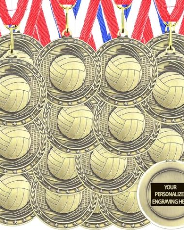 Equsion 36 Pcs 2'' Gold Medals Bulk Volleyball Football Basketball Soccer Baseball Archery Dink Ball Cheer Track Bowling Awards Medals with Ribbons for Sports Participation Winner Gift(Volleyball)