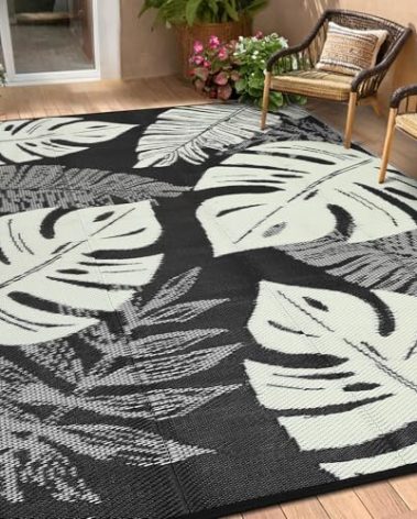 HarmonyHealth Waterproof Outdoor Rug 9 x 18 Modern Plastic Straw Patio Rug, Large Tropics Palm Leaf Camping Rug Reversible Mat, Indoor Outdoor Carpet for Porch Deck Balcony Beach, Black Beige