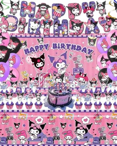 AVONO Kuromi Birthday Party Supplies, Party Decorations Set Include Banner, Backdrop, Balloons, Hanging Swirls, Cake Cupcake Toppers, Tablecloth for Girls Kuromi Theme Party