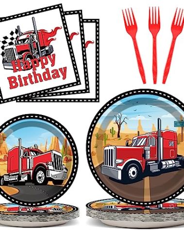 gisgfim 96 Pcs Semi Truck Party Supplies Paper Plates Napkins Tractor Trailer Themed Party Birthday Decorations Favors for Kids Semi Truck Party Decor Serves 24