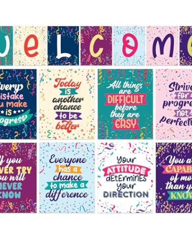 Decorably 15 Confetti Welcome Back Door Decorations, Matte-Laminated Inspirational Confetti Classroom Decor for Preschool, Kindergarten, Elementary