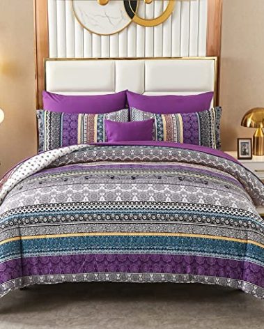 Boho Comforter Set King Size 8 Piece Bed in a Bag Bohemian Striped Bedding Quilt Set Purple Paisley Floral Comforter and Sheet Set,Soft Microfiber Complete Bedding Sets for All Season