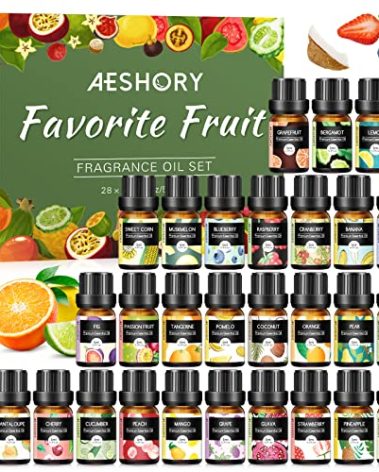 Fruity Essential Oils Set - Top 28 Fruit Fragrance Oil for Candle Making, Diffusers - Strawberry, Apple, Pineapple, Cucumber Melon, Cherry, Mango, Lemon, and Orange Scented Aromatherapy Oils