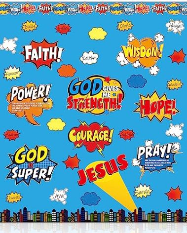 Religious Hero Bulletin Board Set Super Theme Hero Jesus Religious Decor VBS Bulletin Board Cutouts Christian Sunday School Easter Preschool Classroom Decorations Cutouts Wall Decor, 114 Pieces