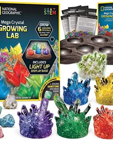 National Geographic Mega Crystal Growing Kit - Grow 6 Crystals with Light-Up Stand, Science Gifts for Kids 8-12