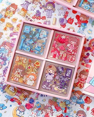 Kawaii Girls Daily Journaling Stickers - 100 Sheets Cute Cartoon Transparent PET Scrapbooking Clipping Supplies Decal Sticker for Planners Collage Junk Journal Kids DIY Arts Crafts Laptops Calendar