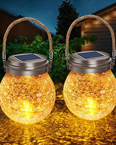 DBF 2 Pack Solar Lanterns Outdoor Waterproof IP65, Heavy Crackle Glass, Amber Warm & RGB, 30 LEDs, Stainless Steel Lid, Hanging Globes Ornaments, Garden Decor for Patio Backyard Tree Flower Bed Table
