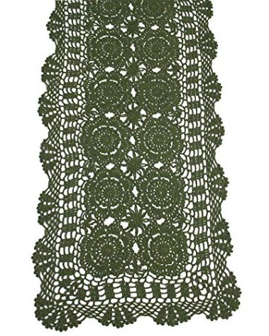 KEPSWET Cotton Handmade Crochet Lace Table Runner Olive Green Rectangle Coffee Table Dresser Decor (14x48 inch)