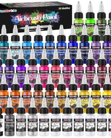 FansArriche Airbrush Paint, 44 Colors with 6 Thinners Acrylic Air Brush Paint Set, Ready to Spray Water-Based Opaque & Neon & Iridescent Acrylic Paint for Beginners, Artists, 20 ml/Bottle