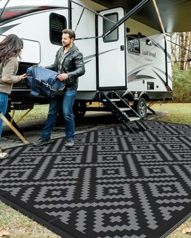 GENIMO Outdoor Rug for Patio Clearance,10x14 Waterproof Large Mat,Reversible Plastic Camping Rugs,Rv,Porch,Deck,Camper,Balcony,Backyard (Black & Grey)