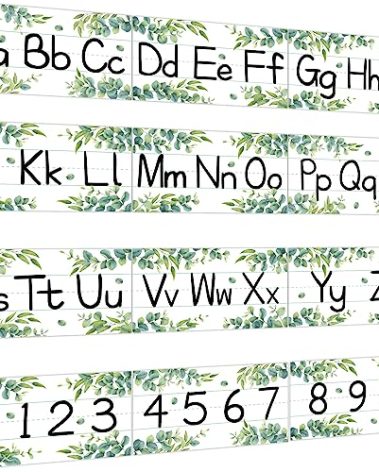 12 Pieces Alphabet Bulletin Board Strips Set Greenery Alphabet Line ABC Alphabets Banner & Number Border Posters for Preschool Kindergarten Classroom Bedroom Playroom (Eucalyptus)