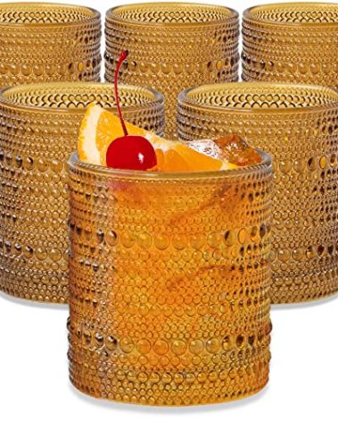 Kate Aspen Beaded Amber Drinking Glasses Set of 6-10 oz Vintage Glassware Set Jupiter Glasses, Cocktail Glass Set, Juice Glass, Water Cups Hostess Gift, Present, Gift for Newlyweds