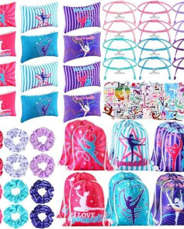 Abbylike 49 Pcs Gymnastics Party Favor Set 12 Makeup Bag 12 Bracelet 12 Drawstring Backpack 12 Hair Ties 1 Set Gymnastic Stickers for Women Girl Gym Sport Yoga