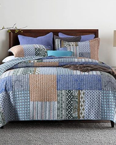 VISIMISI Cotton Bedspread Quilt Sets 3 Pieces Reversible Coverlet Sets Comforters Blue Bohemian Paisley Patchwork Bedspread, King Size