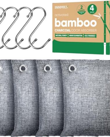 Activated Charcoal Odor Absorber,Large 4x200g w Hooks Nature Odor Eliminator for Strong Odor,Bamboo Charcoal Air Purifying Bags,Moisture Absorbers for Fresh Home Car Closet Pet,Smoke Smell Deodorizer