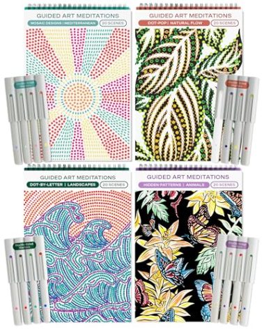 Lifelines FlowArt Activity Pad, 4-Pack - Guided Art Meditations with Markers - Color by Number/Letter, Dot Art and More Coloring Books for Teens, Adults & Seniors