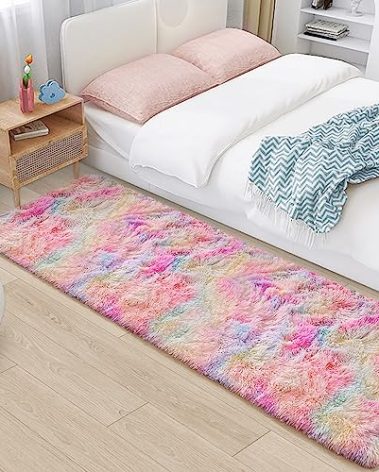 TENNOLA 2x6 Ft Rainbow Rug for Girls Bedroom Colorful Area Rug Unicorn Rugs for Girls Bedroom Kawaii Room Decor Runner Rugs for Living Room Plush Fluffy Rug Non Slip Fuzzy Rugs for Kids Room