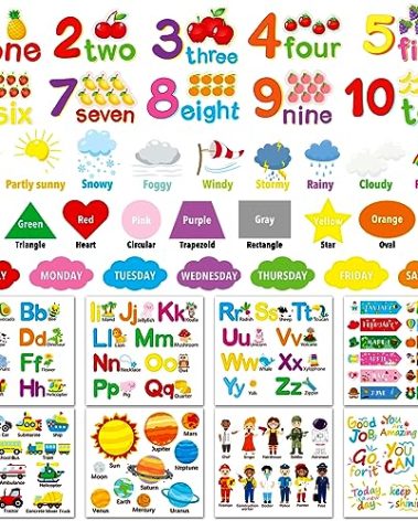 Alphabet Numbers Wall Decals - 12 Sheets Color Weather Learning Educational Stickers, Peel and Stick Solar System Shape Decals for Kids Toddlers Classroom Playroom Bedroom Decorations