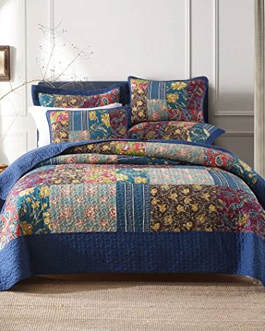 VISIMISI Cotton Bedspread Quilt Sets Reversible Bedding Coverlet Sets 3 Pieces Patchwork Blue Vintage Floral Paisley Bedspread, King Size