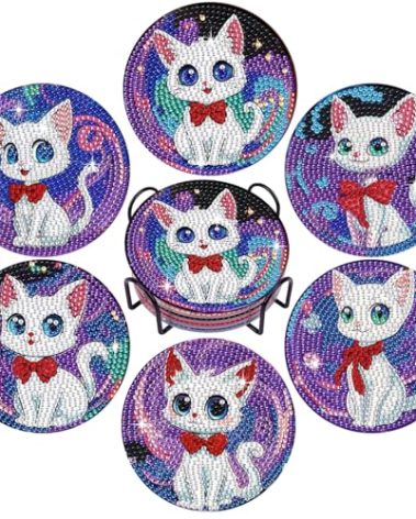 Leatrice 6PCS Cat Diamond Art Coasters Small Diamond Painting Kits for Adults Diamond Dots Round Full Drill Diamond Coasters with Holder Easy Art Crafts for Beginners Women
