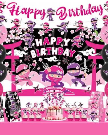 Ninja Girl Birthday Party Decorations Pink Happy Birthday Banner Backdrop 18 Balloons 12 Cupcake Toppers 12 Goodie Bags Ninja Tablecloth for Ninja Master Girls Princess 1st Baby Shower Party Supplies