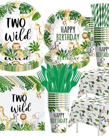 HIPVVILD Two Wild Birthday Decorations Tableware - Jungle Animal Party Supplies For Safari 2nd Birthday Decorations, Plate, Cup, Napkin, Tablecloth, Cutlery, Straw | Serves 24