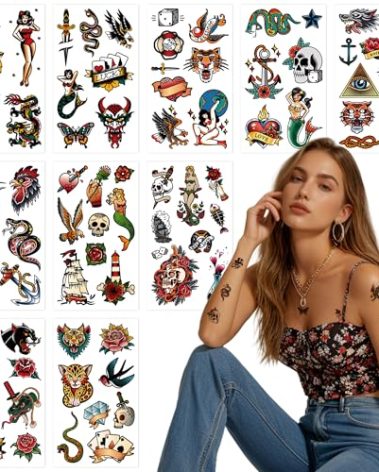 JoyfulGlam 76 Pcs Retro Temporary Tattoos Classic Old School Colorful Tattoos Stickers Flowers Snake Adult Men Women Body Art